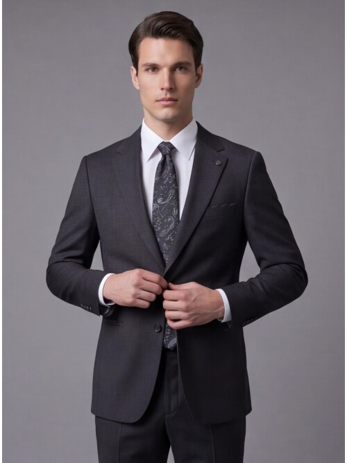 Siyah Mono Yaka Çift Düğmeli Takım Elbise