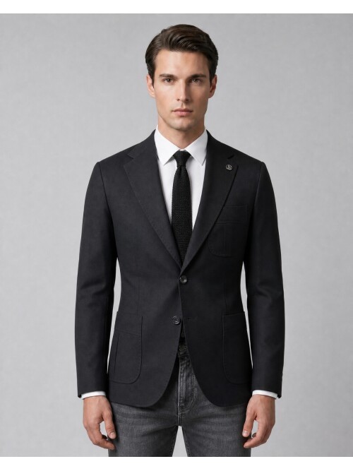 Black Notch Lapel Pleated Patch Pocket Blazer