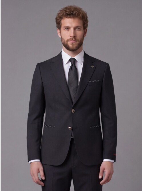 Siyah Mono Yaka Slim Fit 2 Düğmeli Takım Elbise