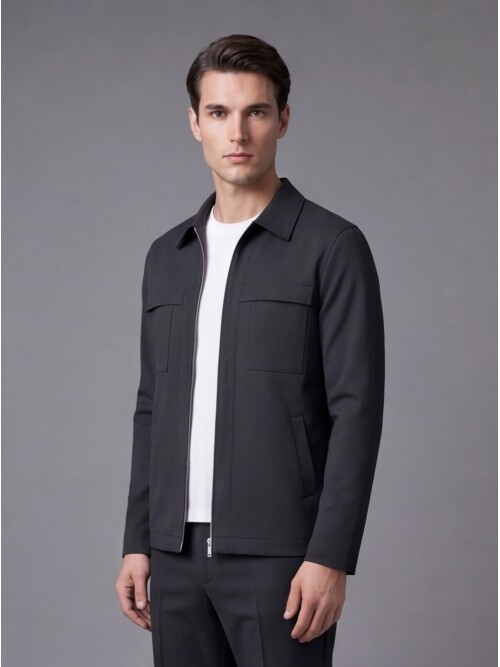 Black Zippered Safari Pocket Comfort Fit Casual Suit