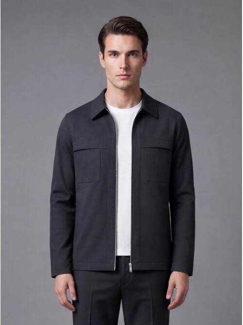 Black Zippered Safari Pocket Comfort Fit Casual Suit