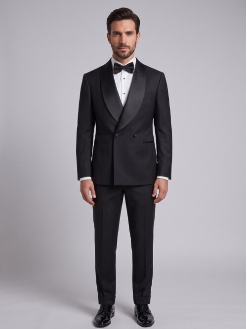 Siyah Şal Yaka Kruvaze Slim Fit Damatlık