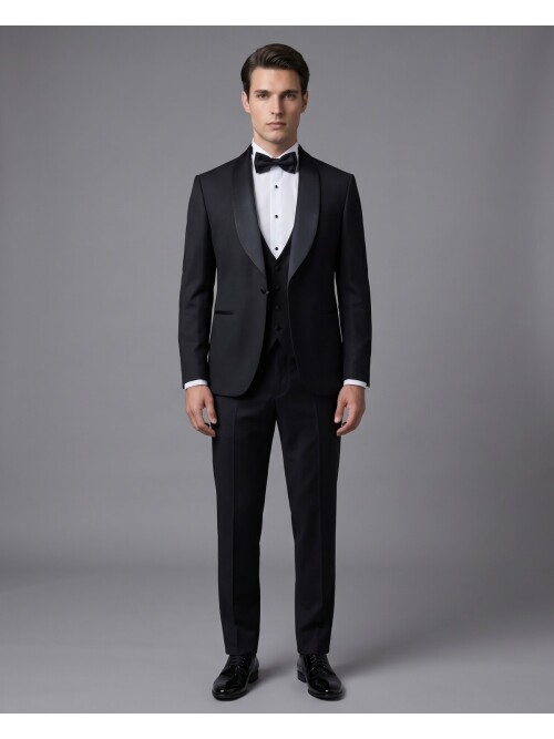 Siyah Şal Yaka Slim Fit Tek Düğmeli Damatlık Takım Elbise