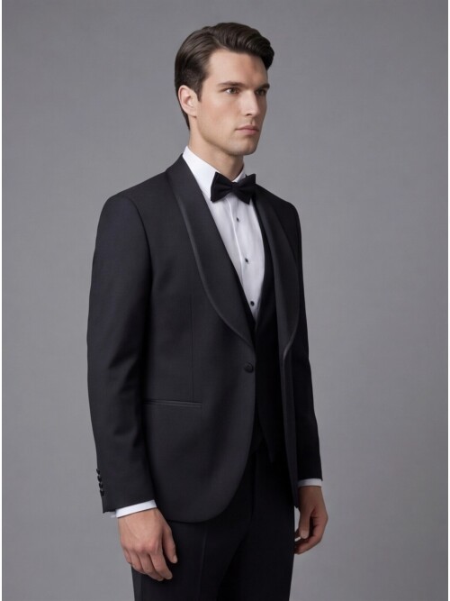 Siyah Şal Yaka Yelekli Damatlık