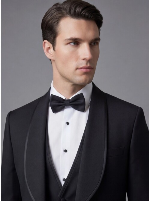 Siyah Şal Yaka Yelekli Damatlık