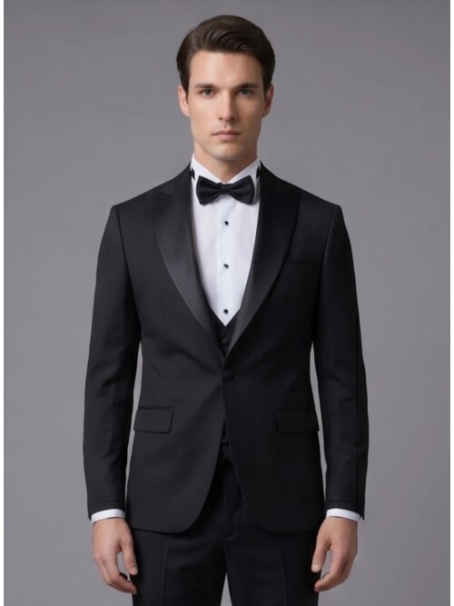 Siyah Sivri Çıkma Yaka Tek Düğme Slim Fit Yelekli Damatlık