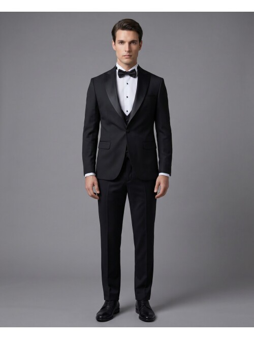 Siyah Sivri Çıkma Yaka Tek Düğme Slim Fit Yelekli Damatlık