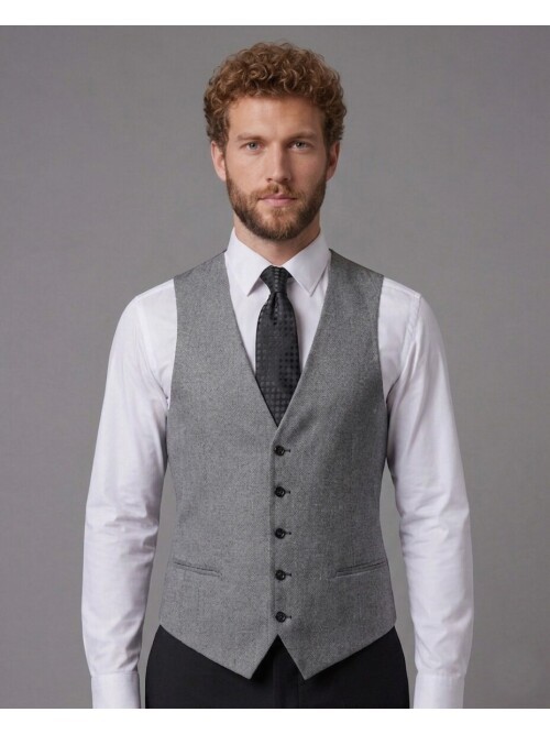 Siyah Sivri Yaka Çift Düğmeli Slim Fit Yelekli Takım Elbise