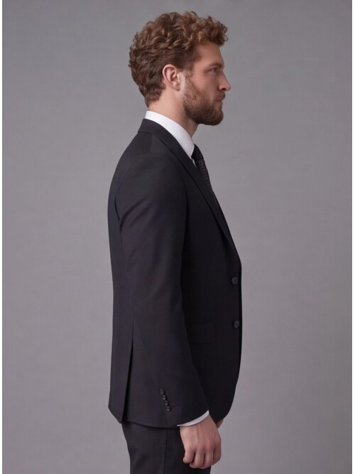 Siyah Sivri Yaka Çift Düğmeli Slim Fit Yelekli Takım Elbise