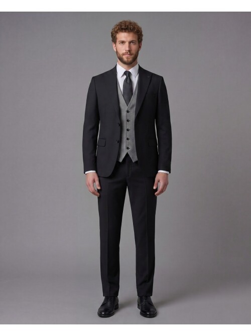 Siyah Sivri Yaka Çift Düğmeli Slim Fit Yelekli Takım Elbise