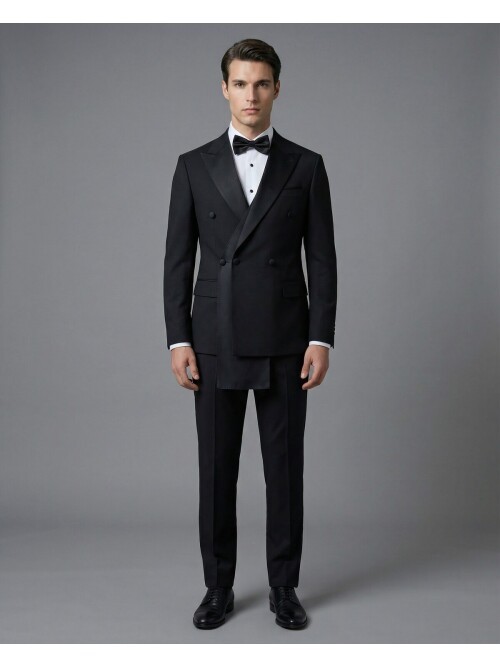 Black Pointed Collar Double-Breasted Groom Suit