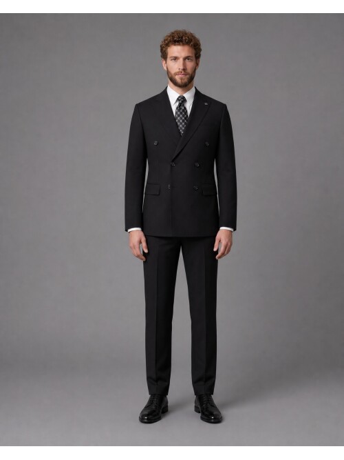 Black Peak Lapel Double-Breasted Suit