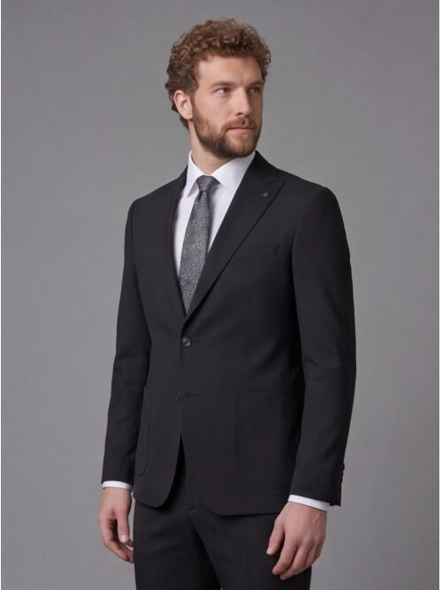 Black Peak Lapel Slim Fit 2-Button Patch Pocket Suit