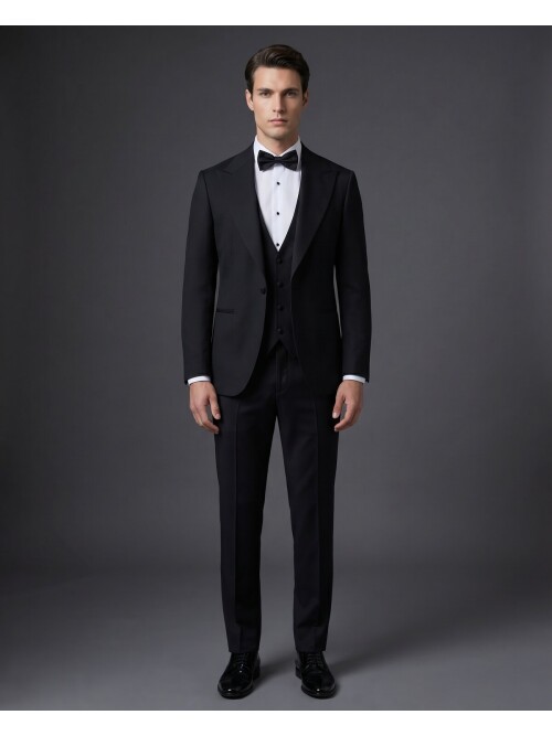 Siyah Sivri Yaka Slim Fit Tek Düğmeli Damatlık