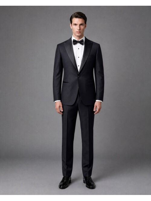 Black Peak Lapel Wool Slim Fit Single Button Groom Suit
