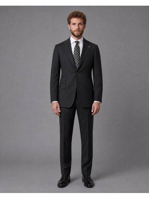 Siyah Slim Fit Mono Yaka 2 Düğmeli Takım Elbise