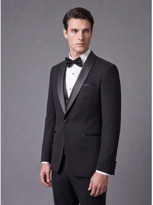 Siyah Slim Fit Şal Yaka Tek Düğme Damatlık