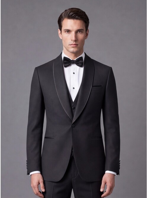 Siyah Slim Fit Şal Yaka Tek Düğme Damatlık