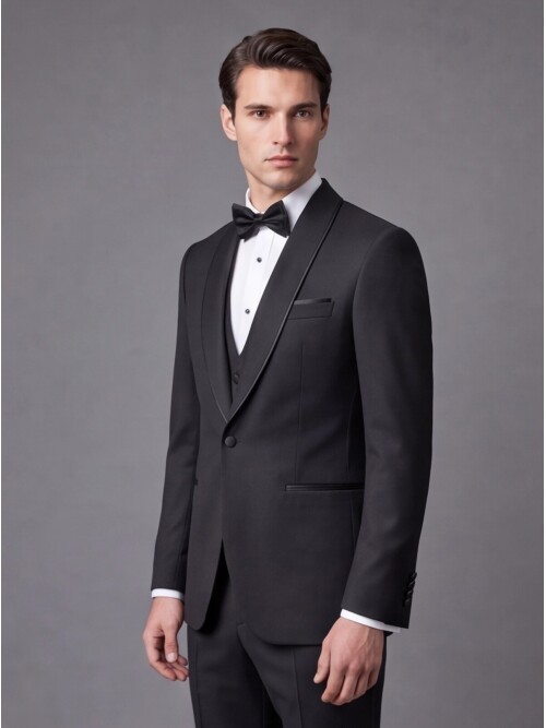 Siyah Slim Fit Şal Yaka Tek Düğme Damatlık