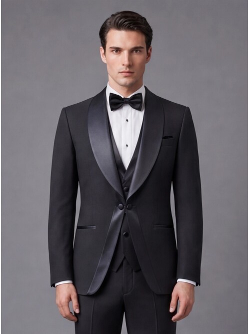 Siyah Slim Fit Şal Yaka Zincir Düğmeli Damatlık