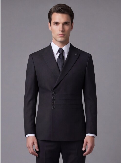 Siyah Slim Fit Sivri Yaka Kruvaze Takım Elbise