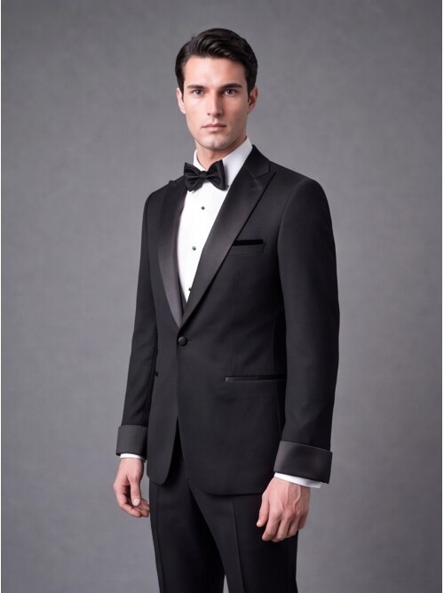Siyah Slim Fit Sivri Yaka Tek Düğme Damatlık