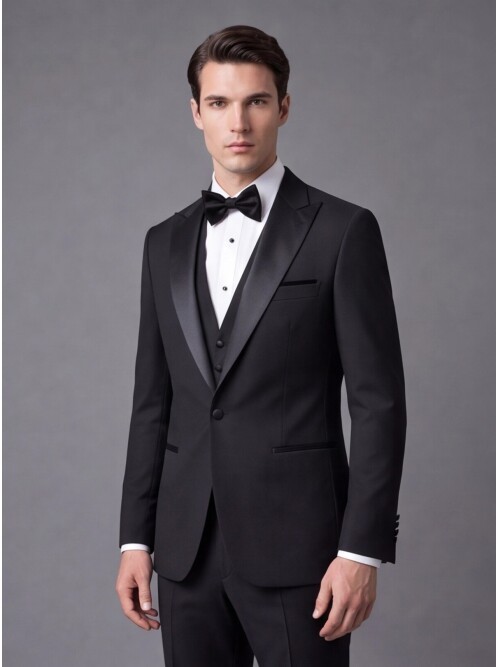 Siyah Slim Fit Sivri Yaka Tek Düğme Damatlık