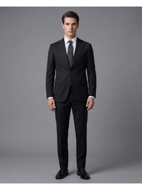 Siyah Yünlü Mono Yaka Comfort Fit Takım Elbise