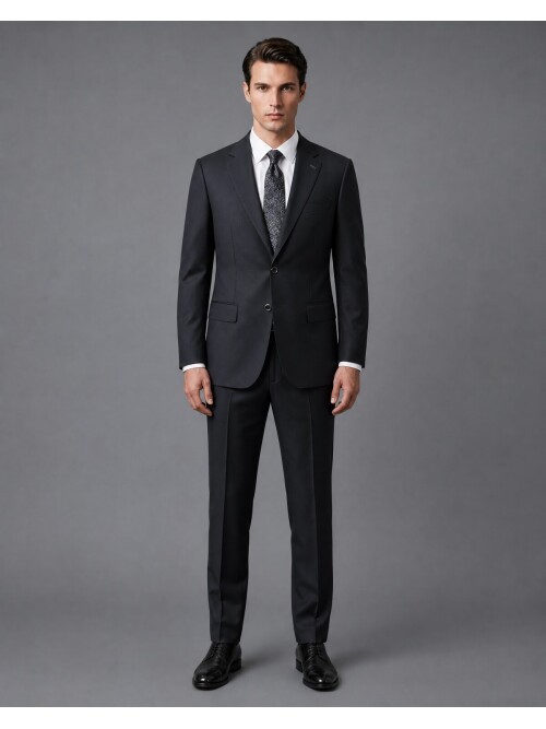 Black Wool Regular Fit 2-Button Suit with Notch Lapel