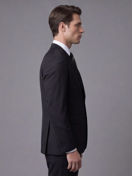 Siyah Yünlü Mono Yaka Regular Fit Takım Elbise