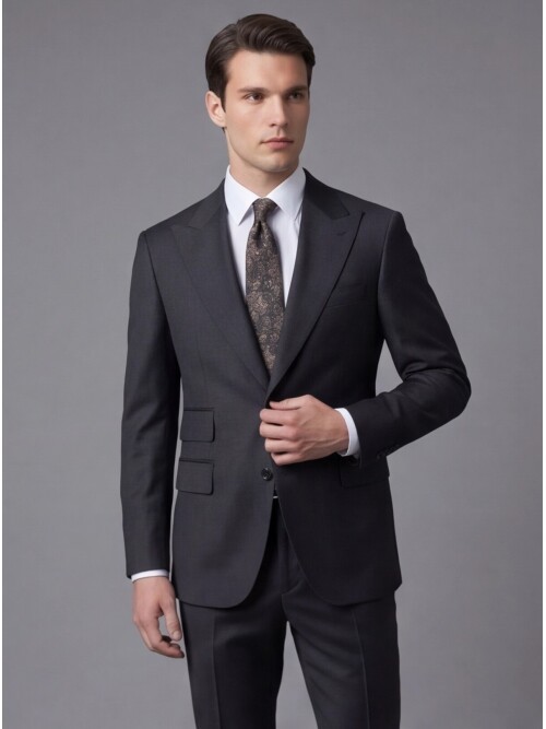 Siyah Yünlü Sivri Yaka Comfort Fit Takım Elbise