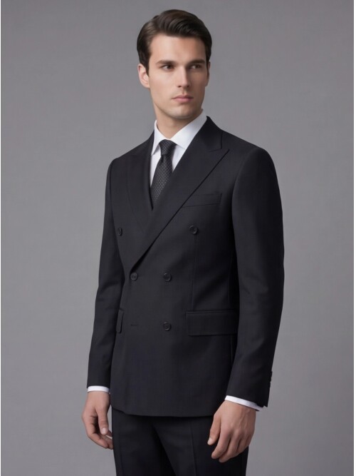 Siyah Yünlü Sivri Yaka Kruvaze Comfort Fit Takım Elbise