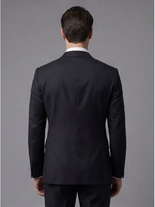 Siyah Yünlü Sivri Yaka Kruvaze Comfort Fit Takım Elbise