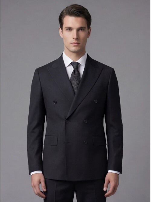 Siyah Yünlü Sivri Yaka Kruvaze Comfort Fit Takım Elbise