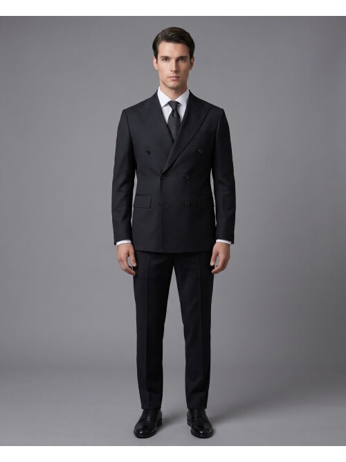 Siyah Yünlü Sivri Yaka Kruvaze Comfort Fit Takım Elbise