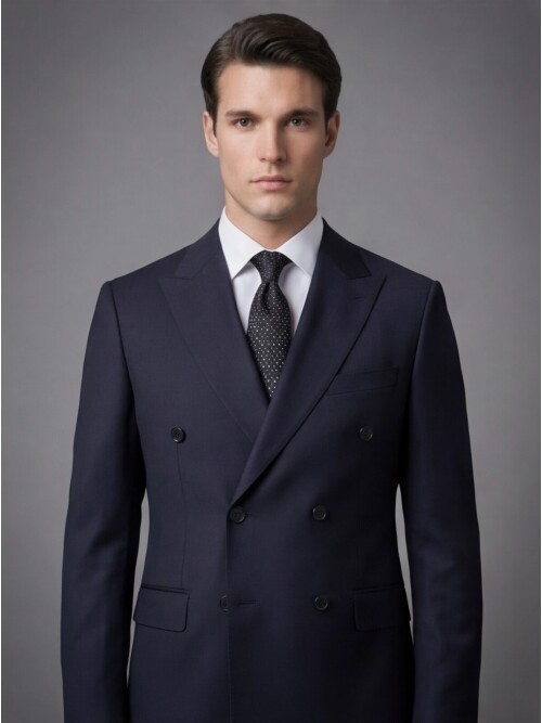 Siyah Yünlü Sivri Yaka Kruvaze Regular Fit 6 Düğme Takım Elbise