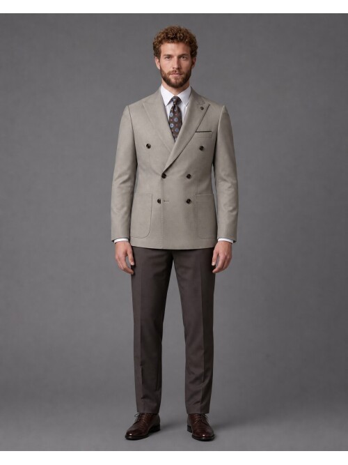 Taş Kruvaze Ceket Koyu Kahverengi Pantolon Kombinli Slim Fit Takım Elbise