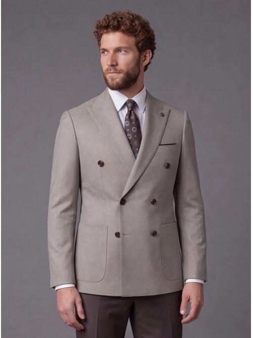 Stone Double-Breasted Jacket and Dark Brown Trousers Slim Fit Suit Combo