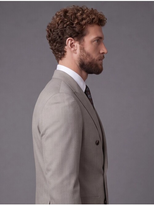 Stone Double-Breasted Jacket and Dark Brown Trousers Slim Fit Suit Combo