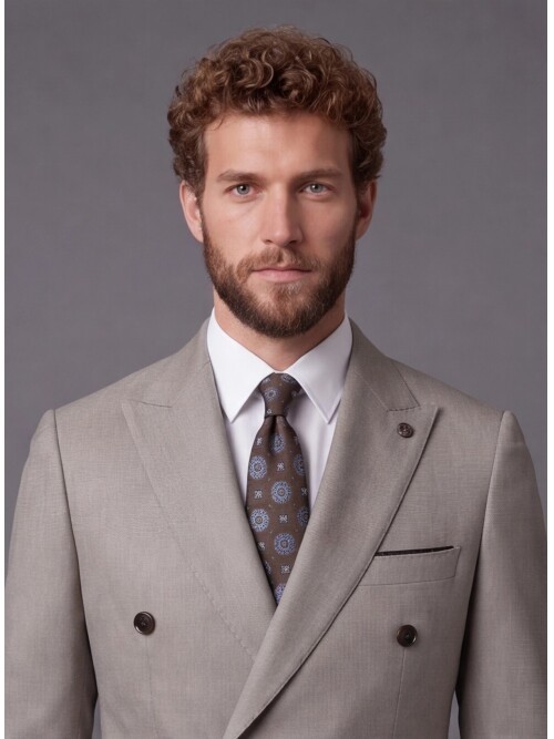 Stone Double-Breasted Jacket and Dark Brown Trousers Slim Fit Suit Combo