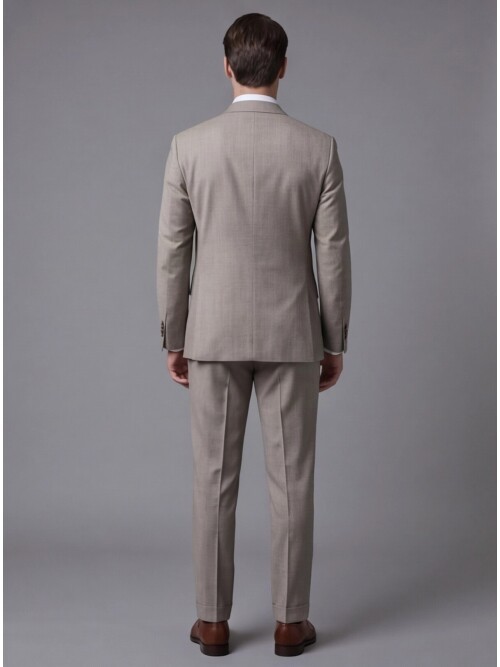 Taş Rengi Çizgili Yünlü Mono Yaka Regular Fit Takım Elbise