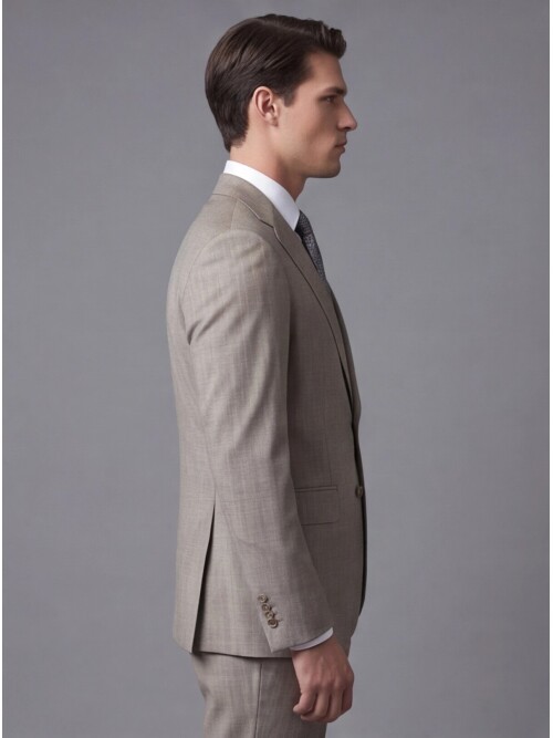 Taş Rengi Çizgili Yünlü Mono Yaka Regular Fit Takım Elbise