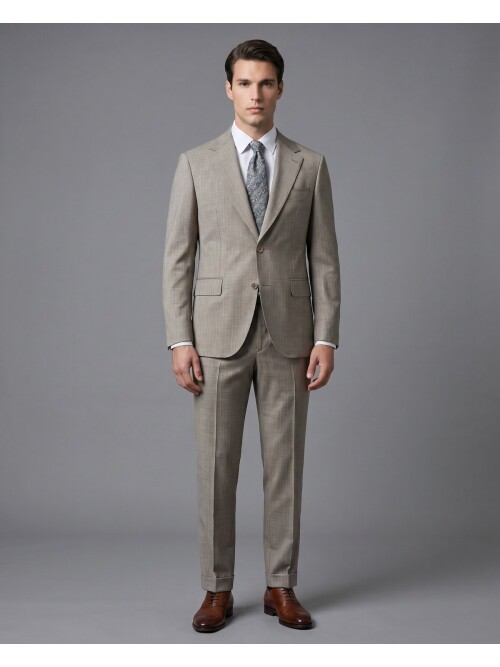 Taş Rengi Çizgili Yünlü Mono Yaka Regular Fit Takım Elbise