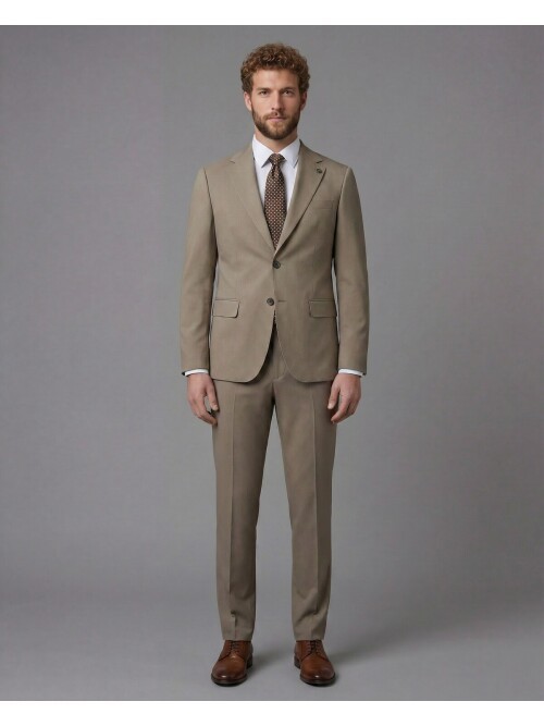 Taş Rengi Mono Yaka Slim Fit 2 Düğme Takım Elbise