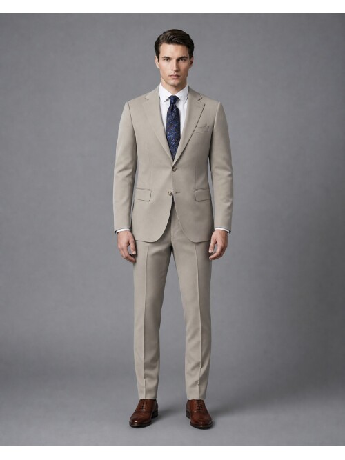 Taş Rengi Mono Yaka Slim Fit 2 Düğme Takım Elbise