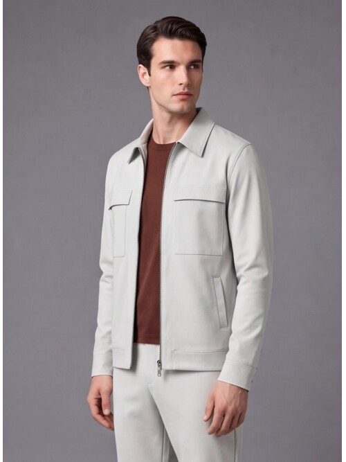 Stone Grey Comfort Fit Zippered Safari Suit with Utility Pockets