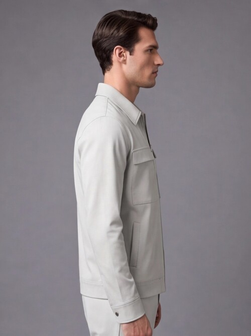 Stone Grey Comfort Fit Zippered Safari Suit with Utility Pockets