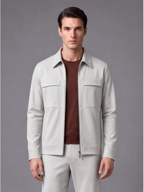 Stone Grey Comfort Fit Zippered Safari Suit with Utility Pockets
