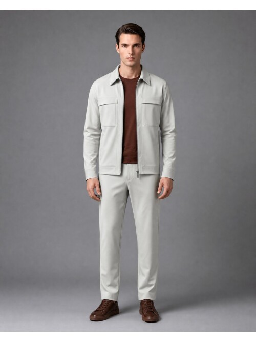 Stone Grey Comfort Fit Zippered Safari Suit with Utility Pockets