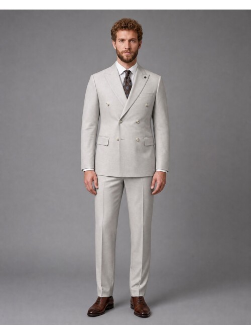Stone Colored Peak Lapel Double Breasted Suit